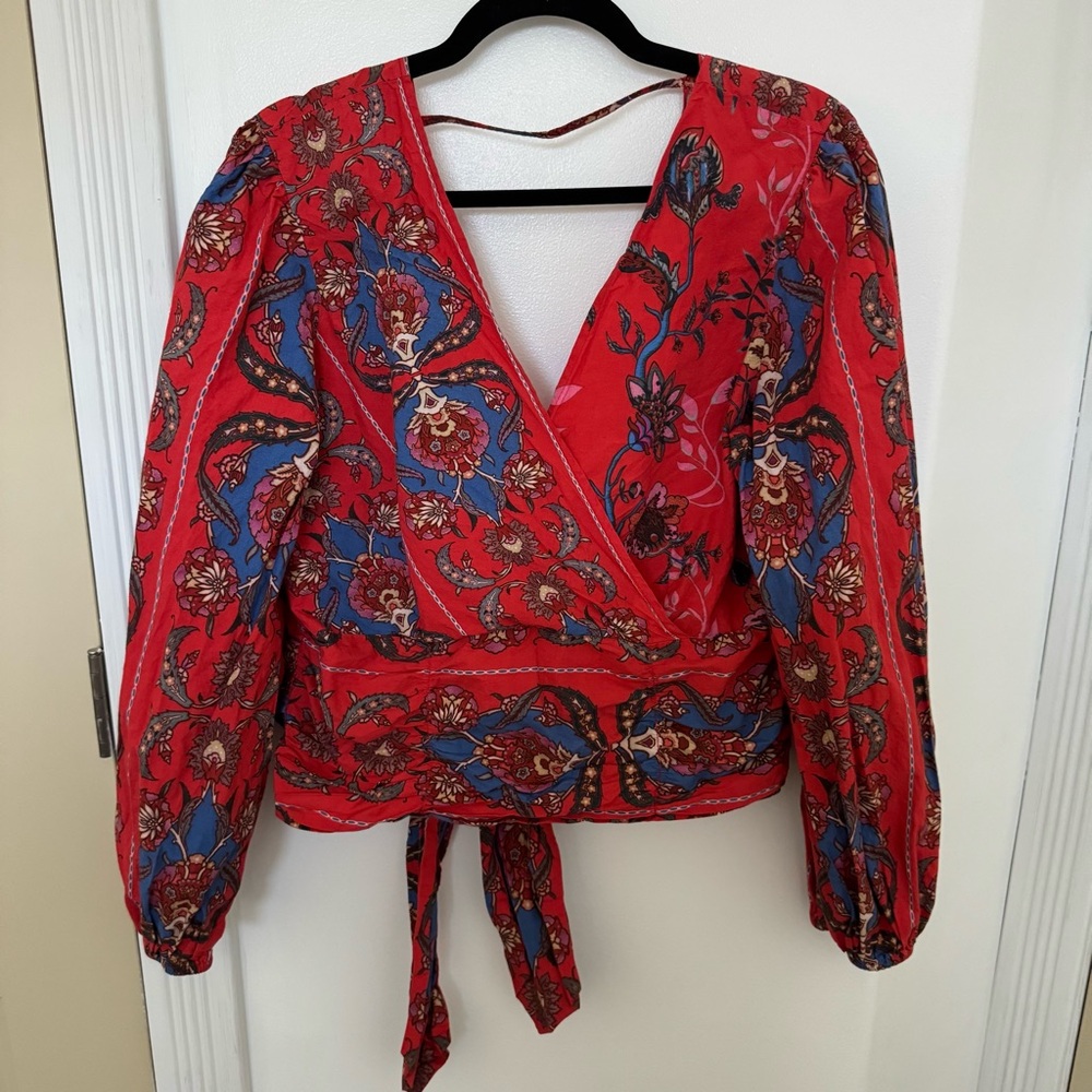 Anthropologie Conditions Apply Floral Red Wrap Top SIZE XL